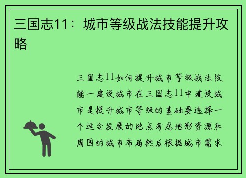 三国志11：城市等级战法技能提升攻略